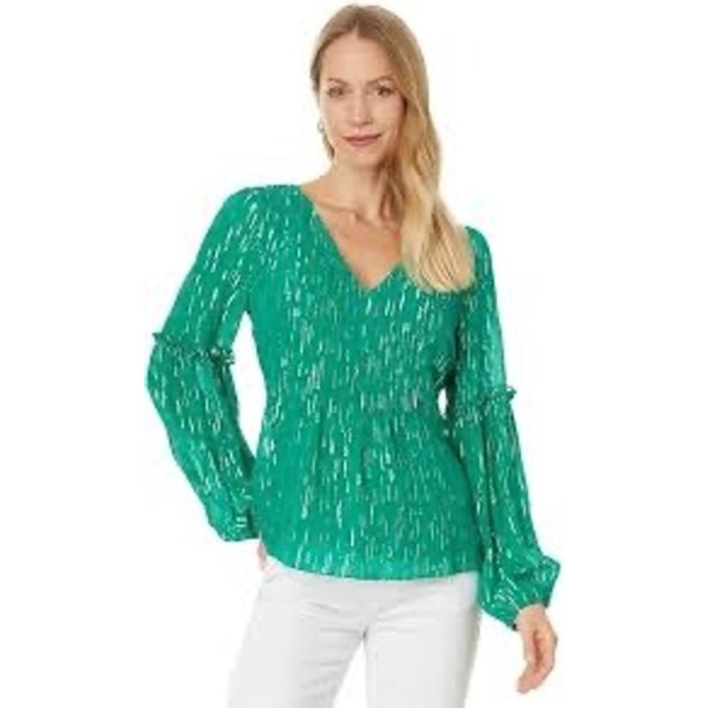 Lilly Pulitzer Cleme Top Green Gold Metallic Clip Dot V-Neck Blouse New Size 0